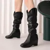 Boots Plus Size 34-43 Leisure V-shape Opening Mid-calf Ladies Wedge Height Increasing High Heels White Black Shoes