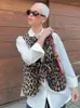 Damenwesten Retro-Leopardenmuster mit Schnürung und Schleife, elegante Weste mit V-Ausschnitt, ärmellose, abgeschnittene Jacke, schicke Mode, weiblich, High Street-Outwear