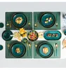 Ensemble de bols à couverts vert foncé créatifs, assiettes en céramique plaquées or, plats de cuisine, bols à riz, assiette en porcelaine, ustensiles de cuisine, nouveau