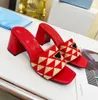 Top Luxury design Lady nude sandal Embroidered fabric slides Triangle printed slippers women high heel sandal slipper slide block heels genuine leather rubber sole