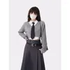 Work Dresses Harajuku Fashion 3 Piece Set Woman Casual Shirt Short Knitted Sweater High Waist Grey Midi Skirts Preppy Style Suit 2024