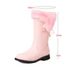 Stiefel Rosa Weiß Schwarz Süße Frauen Dickes Fell Schnee Prinzessin Knoten Niedrige Ferse Seitlicher Reißverschluss Botas Party Schuhe Mädchen Kalb 34-43