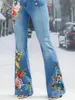 Dżinsy w dużych rozmiarach zwykłe guziki Decor Flare noga długie dżinsowe spodnie Kwiat haftowa żeńska wysoka talia guzika szerokie nogi dżinsy 240219