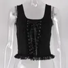Women's Tanks Black Knitted Lace Square Neck Up Tank Top Halloween Dark Punk Style 2024 Summer Fashion Slim Fit Party Club Streetwear