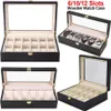 6 10 12 Slots Watch Box Black Wooden Jewelry Organzer Watch Display Case Glass Top Wrist Watches Box Luxury Holder D40238S