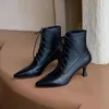ブーツ本物の革の女性ファッションレースアップ足首先の尖ったつま先薄いかかと現代の手作りの靴