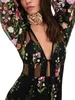 Casual Dresses Women's Sheer Mesh Floral Print Dress Långärm V Neck Backless See Through Cover Ups Boho Summer Beach Up