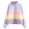 Rockar kvinnor vinter vadderad pufferjacka Rainbow Stripes Hooded Drawstring dragkedja kappa