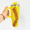 Super Sparkly 40oz Rhinestone Studded baseball Print mug white yellow travel coffee Stainless Steel vacuum insulated Tumbler with Handle and Straw