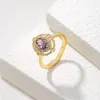 Anéis de cluster cor de ouro roxo zircão incrustado feminino casamento diário roupa moda anel banhado real