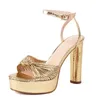 Sandaler Golden Metallic Leather Heel Pumps Shoes Knut Front Toe High Platform Chunky Ankle Strap Summer