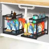 Organizzatore per armadietto estraibile in metallo per riporre la cucina con cassetto scorrevole, robusto e multifunzionale per l'organizzazione del bagno, nero