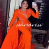 Gorgeous Orange Arabic Abayas Evening Dress With Overskrit Train Plus Size Mermaid Dubai Prom Dresses Beaded Long Sleeve Formal Occasion Party Vestidos De Noche