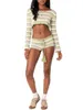 Women's Shorts Women Casual Knit Set Long Sleeve Striped Ruffles Crop Top And Drawstring Summer 2 Piece Outfits Streetwear