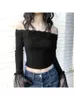 T-shirts Femmes 2024 Dark Off Épaule Mall Gothic Basic T-shirt Y2K Dentelle Patchwork Flare Manches Crop Tops Femme Moulante Volants