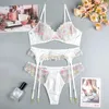 Bh Sets Aduloty Vrouwen Sexy Ondergoed Prachtige Bloem Kant Geborduurde Bh Kousenband String Dunne Mesh Perspectief Lingerie Driedelige Set