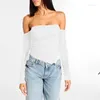 여자 T 셔츠 패션 여성 오프 어깨 레이스 탑 긴 슬리브 슬림 핏 루치 티셔츠 비대칭 블라우스 피부 친화적 인 S-XL