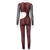 2024 Designer Mesh Jumpsuits Women Spring Long Sleeve Hollow Out Rompers Sexy Sheer Overalls Zie door Leggings Night Club Wear Wholesaled CloS