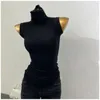 Wholesale new bottom ultra-thin T-shirts for womens new summer crop tops turtle neckline high elasticity sleeveless simple slim fit solid T-shirts 240227