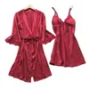 Women's Sleepwear 2PCS Leepwear Female Pajamas Set Satin Home Pyjamamas Lace Robe Sleep Suit V-Neck Wedding Nightwear Wear Nighty&Rob