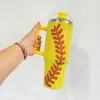 white yellow beer mug water bottle double wall Stainless Steel baseball print rhinestone bling studded 40oz quencher tumbler with handle lid and straw,sold by case