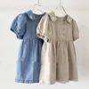 Sommer Mädchen Baby Kleid Campus Stil Blume Stickerei Revers Blase Kurzarm Denim Student Kleidung Kinder 240223