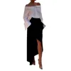 Skirts Women White Off The Shoulder Shirt Black Asymmetrical Long Skirt Set Autumn Office Lady Sleeve Tops High Split Suit