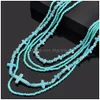 Mtilayer Turquoise croix colliers mode bohême pierre tour de cou bijoux cadeau pour les femmes rétro perles de verre chaîne perlée Dhi9B