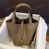 Nouveauté de luxe : sac panier de marché classique, sac seau en cuir véritable, couche supérieure en cuir de vachette grain litchi, sac à main simple et polyvalent pour femme – Fourre-tout Color-Block