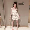 Ensembles de vêtements Summer Girls Vêtements Costume 2024 Deux pièces Ensemble sans manches Enfants Tenues Rose Blanc Couleur unie pour 4-16 ans