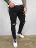 Mäns jeans nödställda knähål Elastiska mager jeans män rippade cyklisten denim byxor fasta tvättade streetwear svart pantnes hombre joggar t240227