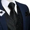 Zwart Paisley Blauw Pak Vest Das Set Pocket Vierkante Manchetknopen Heren Bruiloft Vest Luxe Tuxedo Vesten Mannen Gilet DiBanGu 240228