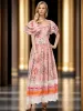 キャットウォークレディースハイサマーファッションプリントパーティーフリルカジュアルボヘミアン贅沢な女性のためのかなりクラシック長いドレス