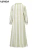 Plus Size Vonda Autumn Spring Shirt Dress Elegant Women Casual Striped Maxi Vestido Lapel Button Vintage Party Sundress 240220