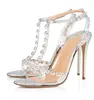 Sandals Multi-color Beaded Clear PVC T Strap High Heel Sexy Plaide Printed Leather Ankle Gladiator Heels Banquet Shoes
