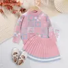 Bear Leader Girls Sweater Sets 2023 AutumnWinter Knit Set Geometric Printed TopStriped Pleated Skirt Two Piece 240226