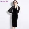 Casual Dresses Tesscara Women Autumn Winter Elegant Velvet Dress High Quality Long Cocktail Party Vintage Mesh Designer Black Pencil