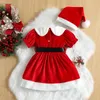 Mädchen Kleider Weihnachten A-Linie Kleid für Kinder Baby Mädchen Winter Mode Rot Samt Kurzarm Puppe Kragen Prinzessin mit Gürtel Hut