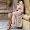 Chic and Stylish Women's Mid-length Khaki Printed Dress for Autumn and Winter with a Simple and Trendy design featuring a Floral Pattern