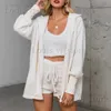 Women's Two Piece Pants Womens Comfortable Knit Pajama Set Crop-top with V-neck Winter Plush Loungewear Casual 3-Piece Set Long Sleeve Shorts Sports T240228