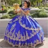 Königsblaues und goldenes Quinceanera-Kleid mit Applikationen, Ballkleid, schulterfrei, für Damen mit Schnürung, Sweet 16 Prom Girls