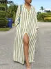 Plus Size Vonda Autumn Spring Shirt Dress Elegant Women Casual Striped Maxi Vestido Lapel Button Vintage Party Sundress 240220