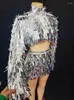 Stage Wear Silver Paillettes Veste courte Mini jupe Femme Jazz Dance Team Performance 2 pièces Ensemble Discothèque Bar Costume de fête