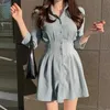 Mexzt sólido mini vestido feminino elegante dobras magro a linha camisas vestido senhora do escritório coreano manga longa simples vestidos casuais 240227
