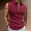 Erkek Polos 2024 Düz Renkli Polo Gömlek Kolsuz Dönüş Yaka Fermuar Üstleri Sıradan Sokak Giyim Yaz Erkekler Giyim Tişörtleri