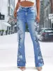 Kvinnors jeans kvinnor plus size jeans mode hög midja vintage flaggtryck byxor denim blommig broderi knapp höst flare ben jeans t240228