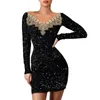 Casual Kleider Mode Glitter Spitze Spleißen Kleid Frauen Sexy V-ausschnitt Mini Slim Robe Langarm Party Vestidos Bodycon Abendkleid