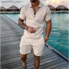 Herrspårar Mens Tracksuits Summer Mens Tracksuit Casual Short Sleeve Zipper Set For Men Clothes Streetwear 2-Piece Suit Malemens Mensmens Q240228