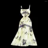 Casual Dresses Foamlina Elegant Square Holiday Dress for Women Fashion Slim Fit Sweet Spets Oregelbundet tryck Camisole Fishtail