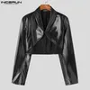 Men Jackets Solid Color Lapel Long Sleeve One Button Crop Coats PU Leather Streetwear Fashion Men Outerwear INCERUN S-5XL 240228